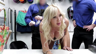 Busty blonde shoplifted gives handjobs to two security officers