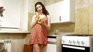 Horny and lonesome brunette fucks a banana for some reason
