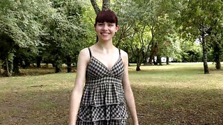 Amateur babe in a fishnet onesie bends over to toy her muff