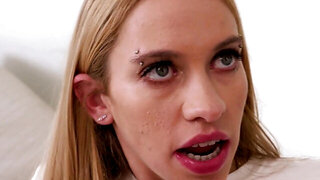 Blonde with a cute face and shaved pussy takes stepdad's dick