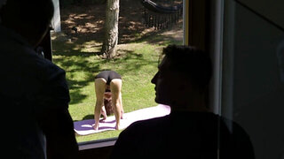 Yoga girl with a tight hole is going to take OLDER cock