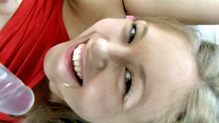 A sweet princess teases us by caressing her hairless pussy lips