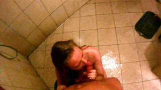 Female sucks a prick in the shower and has coition on pool table