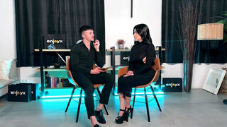 Thick brunette with fake boobs taking on a big dick