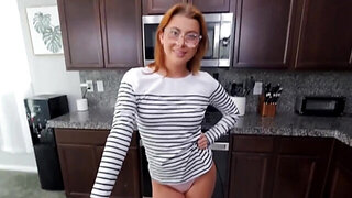 Nerdy redhead teen swallows and rides her stepdad's cock