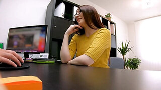 Nerdy gal seduces loan officer to get new apartment