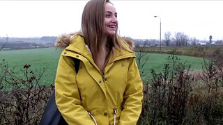 Incredible blonde with a pretty face cums during public sex