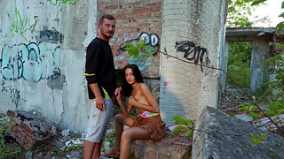 Tiny Russian brunette does not mind cucking her man in public