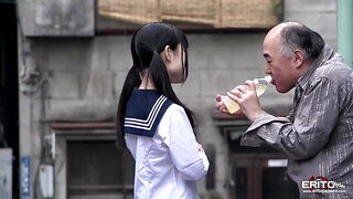 Cute Japanese schoolgirl gives blowjob to a lucky old man
