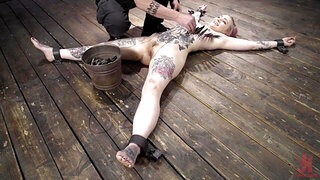 Petite blonde is tied up and tortured with clothespins