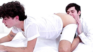 Slender teen lads getting frisky in the white room