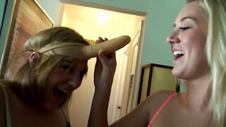 Three girls make a human centipede with dildos on their heads