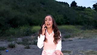 Hot babe in a mini skirt has sex in a vehicle