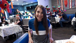 Cute brunette sneaks away in the bathroom to get fucked