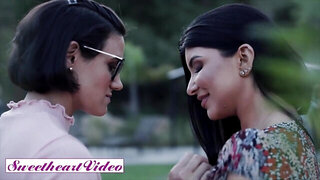 Brunettes have sex toys for lesbian pussy-penetration