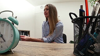 Pretty-faced office girl is going to deepthroat dick
