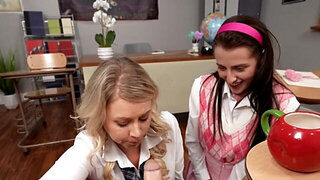 Stepsisters teasing each other before fucking him in POV