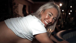 Blonde bimbo with fake boobs gets her twat rocked had