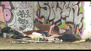 Dirty threesome sex of homeless whore and bearded dudes