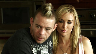 Blonde with a nice snatch is on the bed, feeling her pussy licked