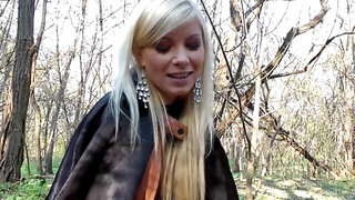 Blonde euro babe tests Halloween costume by fucking in woods