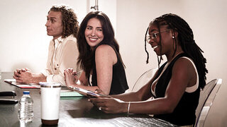 Hung man with curly hair having sex with a colleague