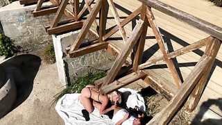 Inked blonde girl with a tight hole fucked on a beach