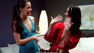 Skinny lezzie nymphs eat and fuck each other's bony cunts