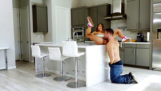 Kitchen countertop sex with a girl who has a hairy pussy