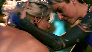 Blonde stuffed from both ends while dom guides every stroke