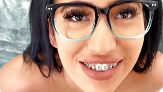 Deranged brunette in cute glasses fucks a hung dude