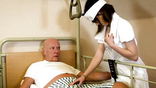 Geeky nurse is going to take care of a hard mature dick