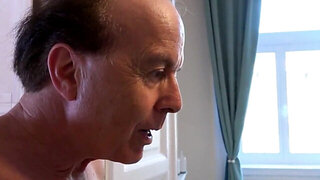 Tight teen in white lingerie seducing a gross old man