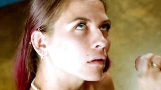 Cute starlet with dyed hair goes down on her knees