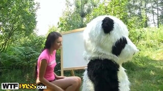 Sex in the woods with a huge toy panda