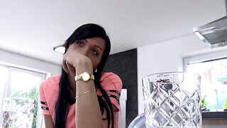 Brunette keeps the things by having sex with collector