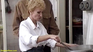 Short-haired mature penetrated by lover in kitchen