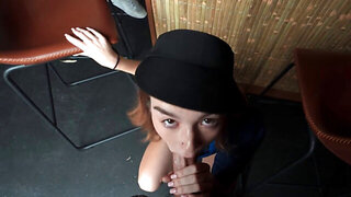 Petite redhead gets fucked and sucked in busy coffee shop