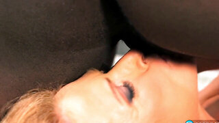 Blonde mature woman wearing stockings and heels fucks black man