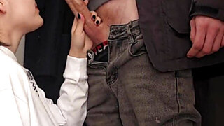 Playful teen swallows a huge hard wood before a pussy fuck