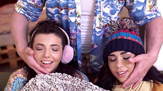 POV fuck with two girls who just wanna stay warm