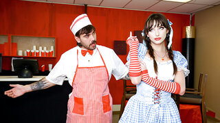 Cosplaying babe with a big bum is banged in the fast food place