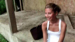 Blonde amateur girl sucking a mean pecker outdoors with passion