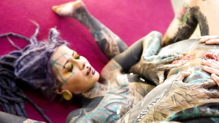 Dirty inked girls are fisting and playing with Hitachi toys