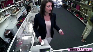 Sexy amateur wife gets saved in a pawn shop when her husband is annoying