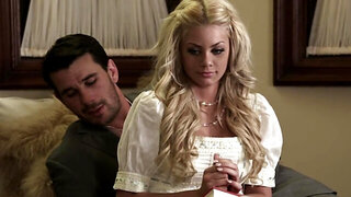 One man quickly cums with brunette while another is licking twat