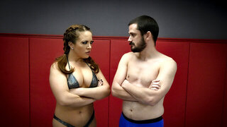 Submissive man is easily defeated by a tall brunette