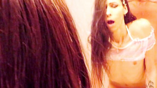 Skinny brunette gets fucked hard in front of the mirror
