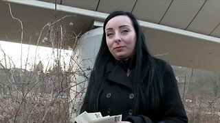 Bad brunette with a bird-like face gets to fuck in public