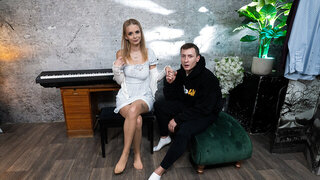 Blowjob and footjob given by a girl with strange shaped tits